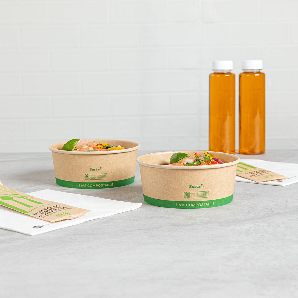 Sustain 25 oz Round Kraft Paper Take Out Container - Compostable - 5 3/4" x 5 3/4" x 2 1/4" - 200 count box