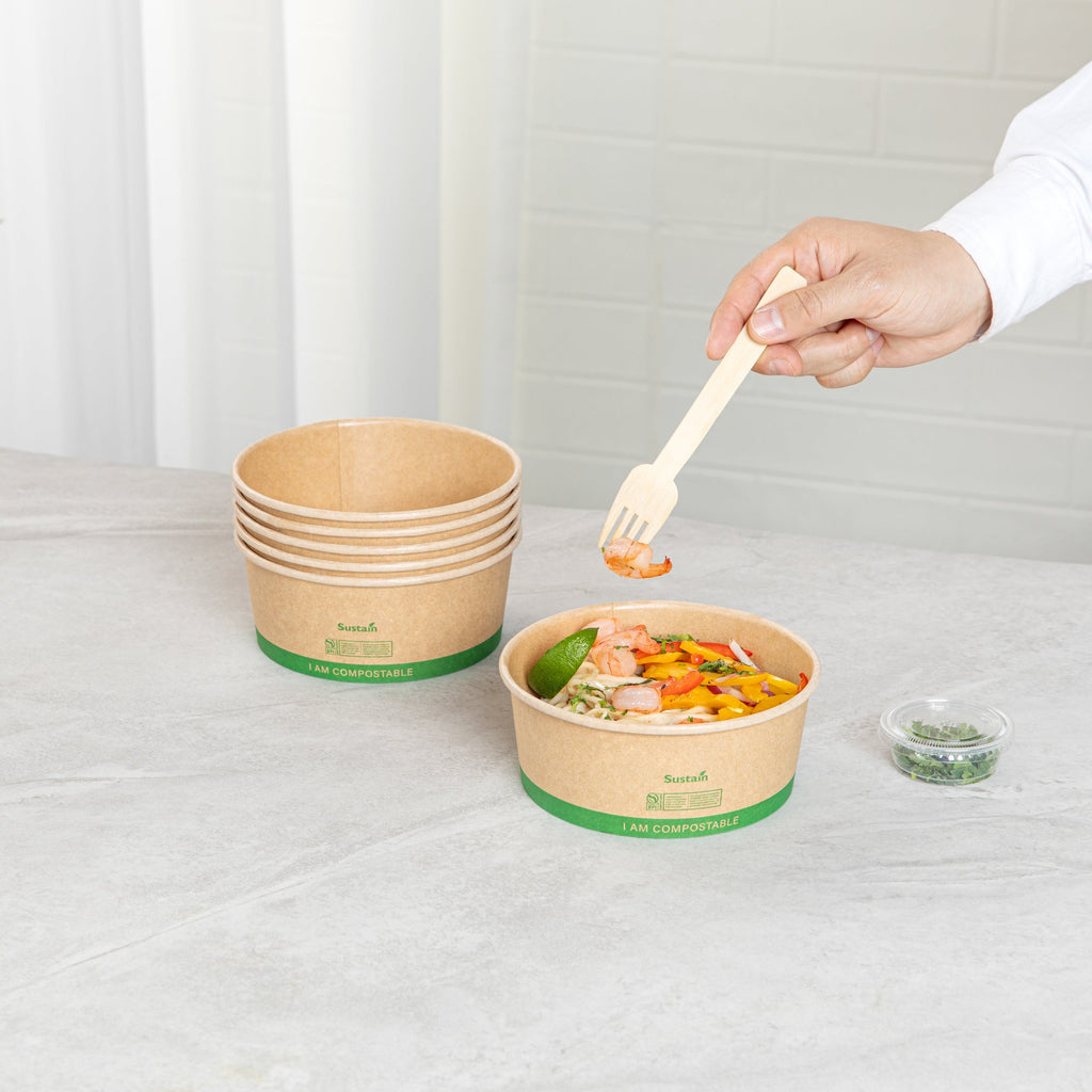 Sustain 25 oz Round Kraft Paper Take Out Container - Compostable - 5 3/4" x 5 3/4" x 2 1/4" - 200 count box