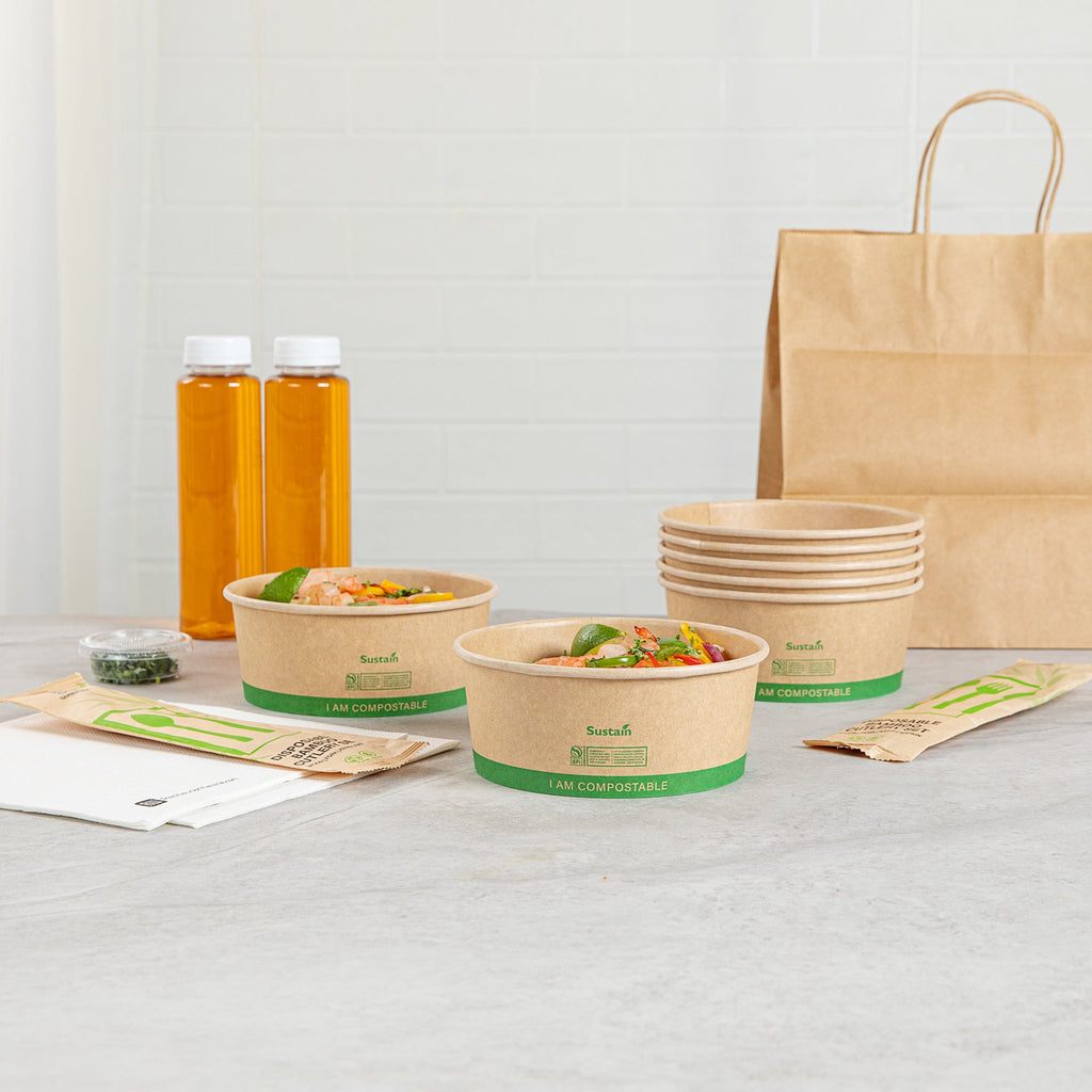 Sustain 25 oz Round Kraft Paper Take Out Container - Compostable - 5 3/4" x 5 3/4" x 2 1/4" - 200 count box