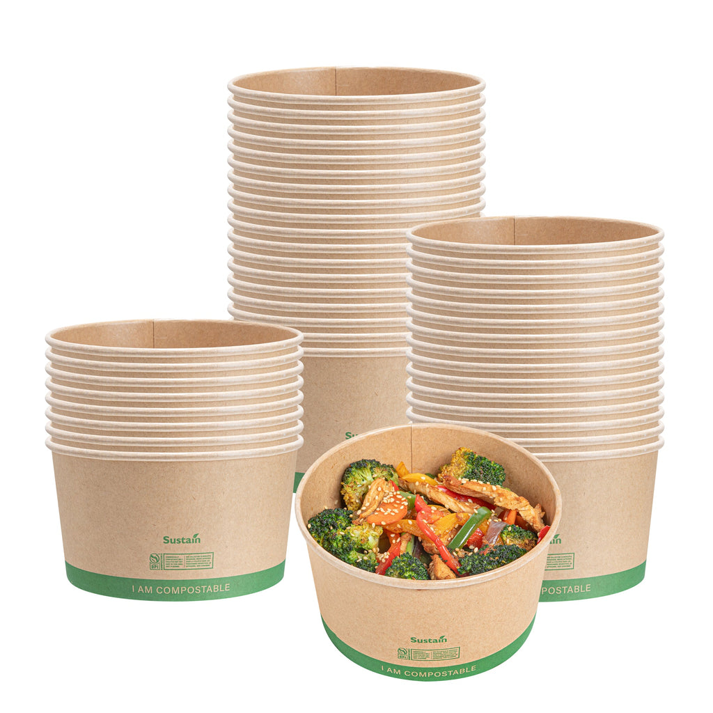 Sustain 34 oz Round Kraft Paper Take Out Container - Compostable - 5 3/4" x 5 3/4" x 3 1/4" - 50 count box