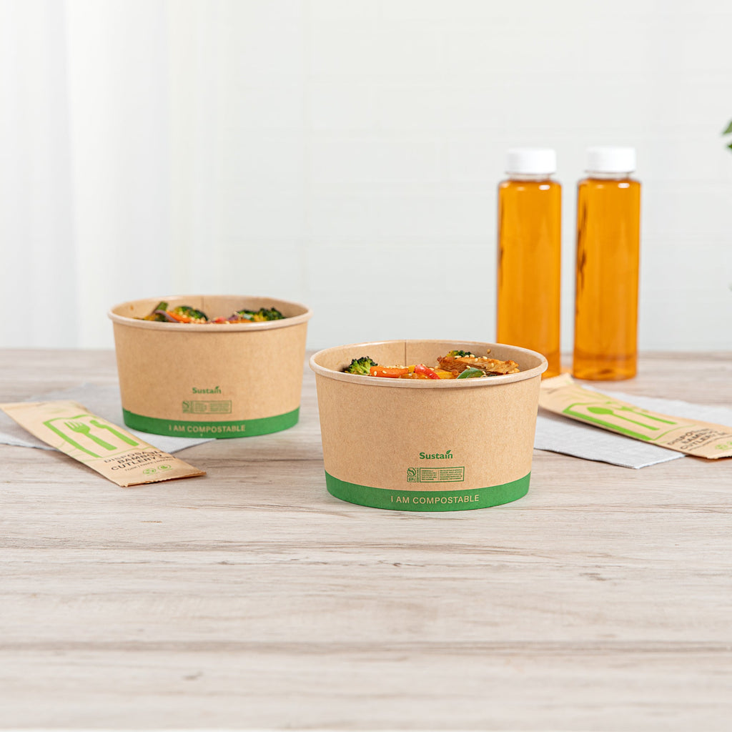 Sustain 34 oz Round Kraft Paper Take Out Container - Compostable - 5 3/4" x 5 3/4" x 3 1/4" - 50 count box