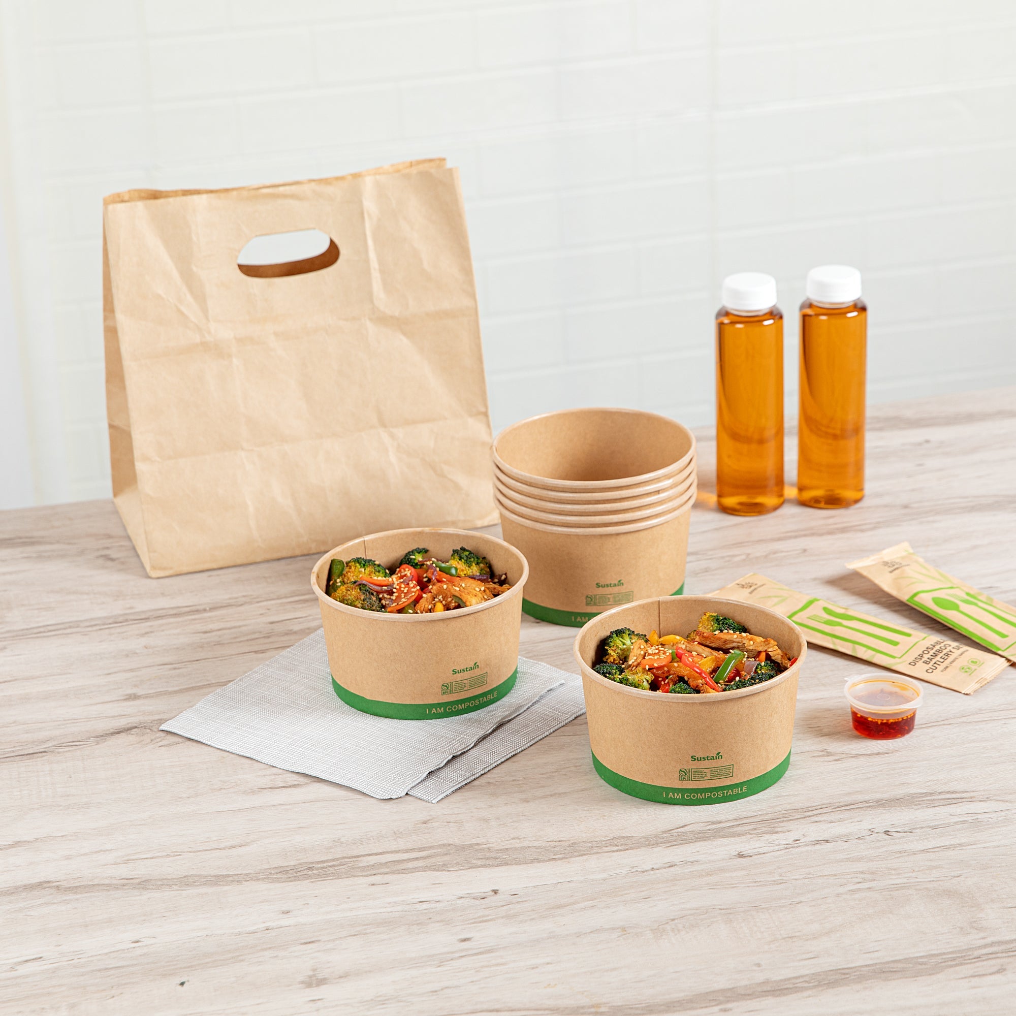 Sustain 34 oz Round Kraft Paper Take Out Container - Compostable - 5 3/4" x 5 3/4" x 3 1/4" - 50 count box