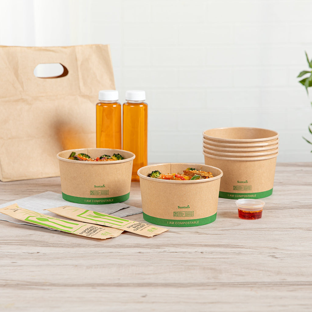 Sustain 34 oz Round Kraft Paper Take Out Container - Compostable - 5 3/4" x 5 3/4" x 3 1/4" - 200 count box