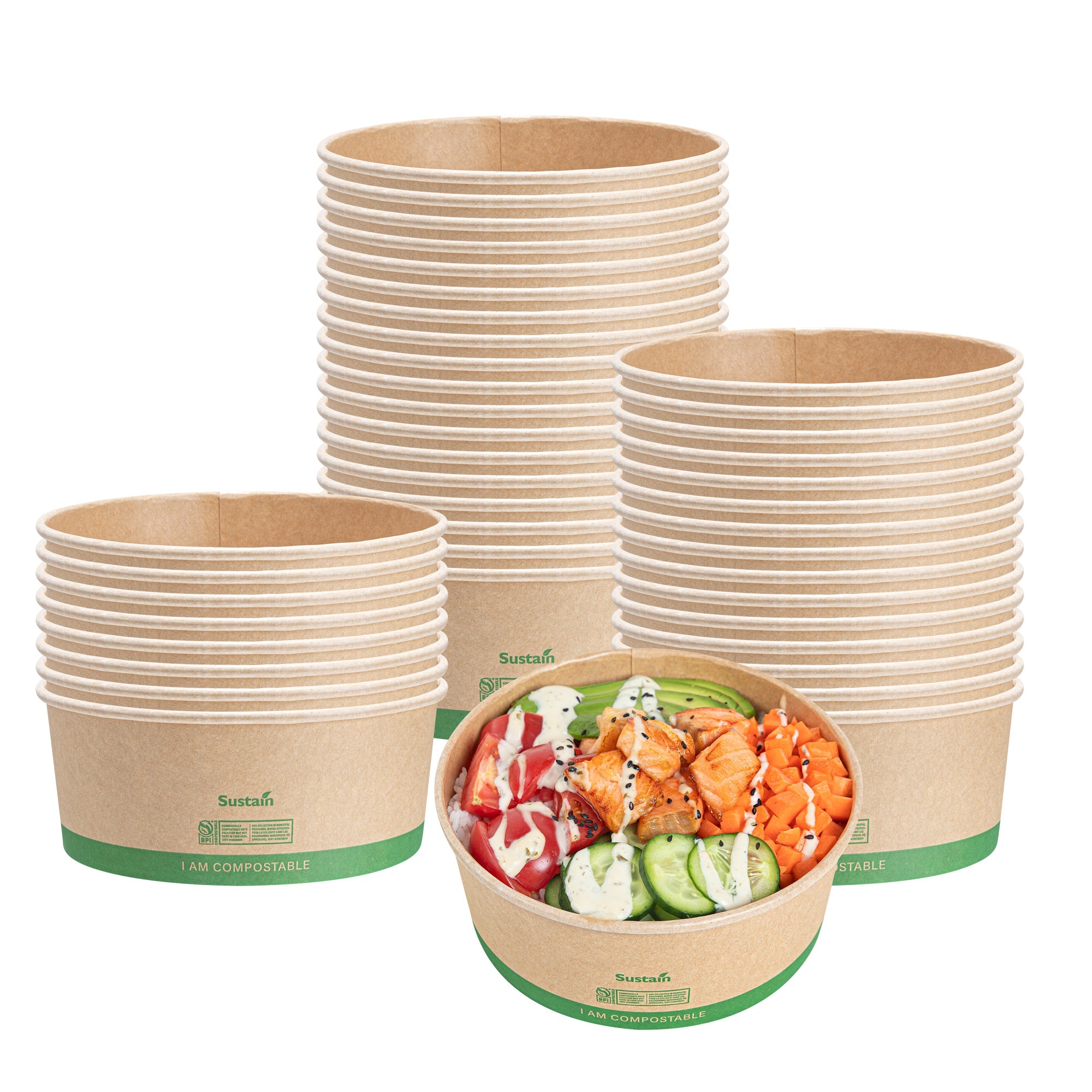 Sustain 37 oz Round Kraft Paper Take Out Container - Compostable - 6 1/2" x 6 1/2" x 2 1/2" - 200 count box