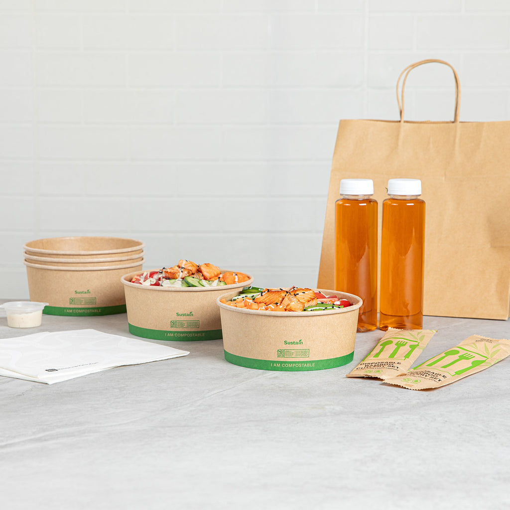 Sustain 37 oz Round Kraft Paper Take Out Container - Compostable - 6 1/2" x 6 1/2" x 2 1/2" - 200 count box