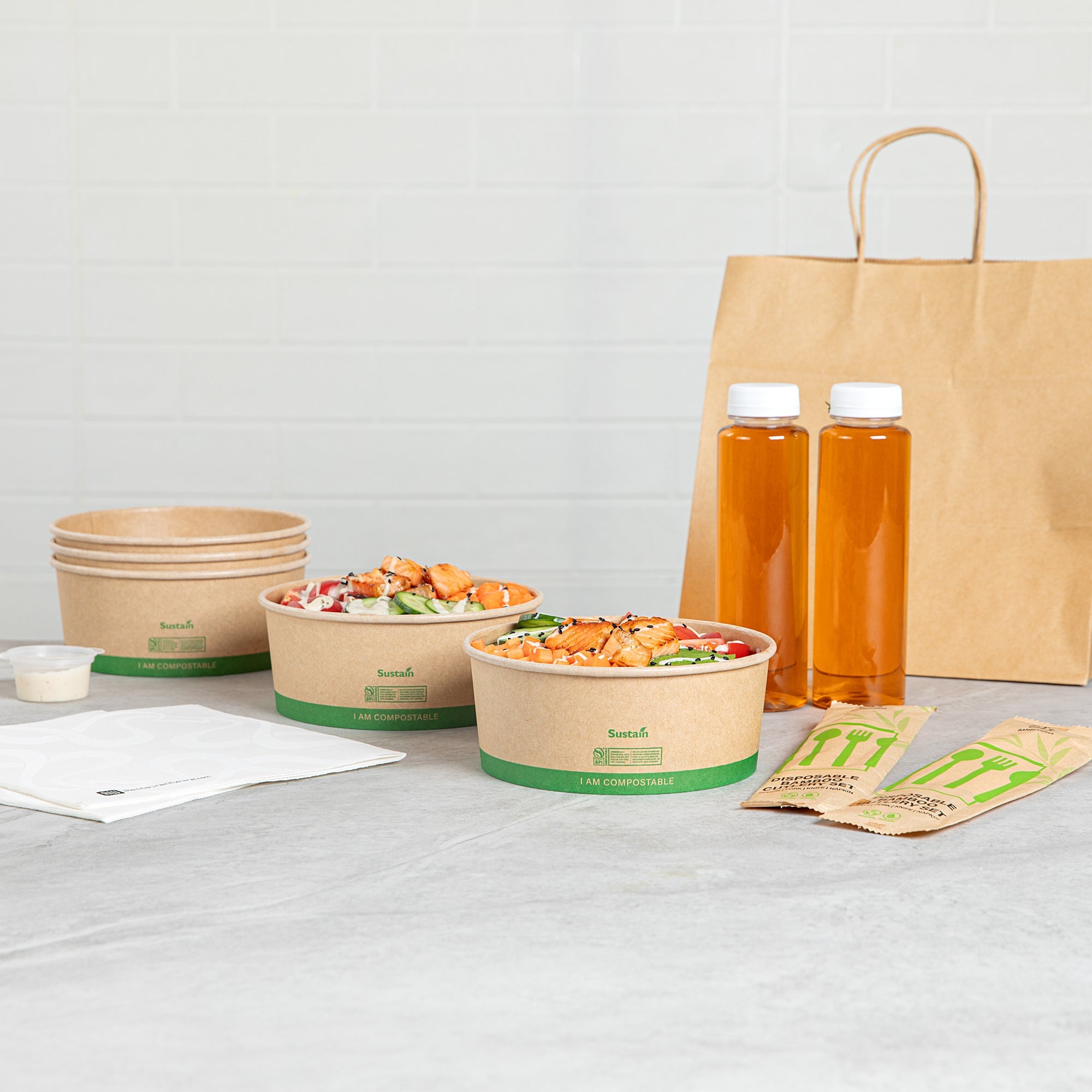 Sustain 37 oz Round Kraft Paper Take Out Container - Compostable - 6 1/2" x 6 1/2" x 2 1/2" - 200 count box