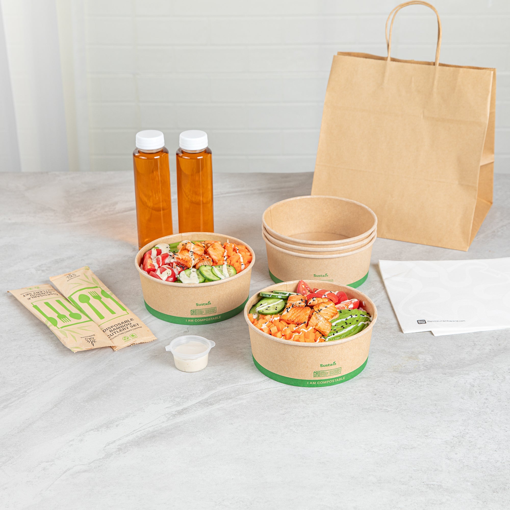 Sustain 37 oz Round Kraft Paper Take Out Container - Compostable - 6 1/2" x 6 1/2" x 2 1/2" - 200 count box