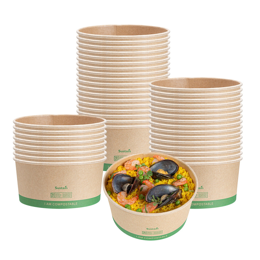 Sustain 44 oz Round Kraft Paper Take Out Container - Compostable - 6 1/2" x 6 1/2" x 3" - 200 count box