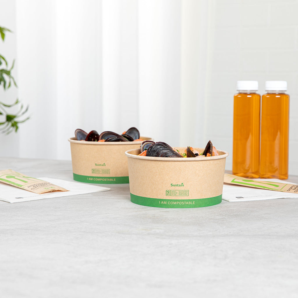Sustain 44 oz Round Kraft Paper Take Out Container - Compostable - 6 1/2" x 6 1/2" x 3" - 50 count box