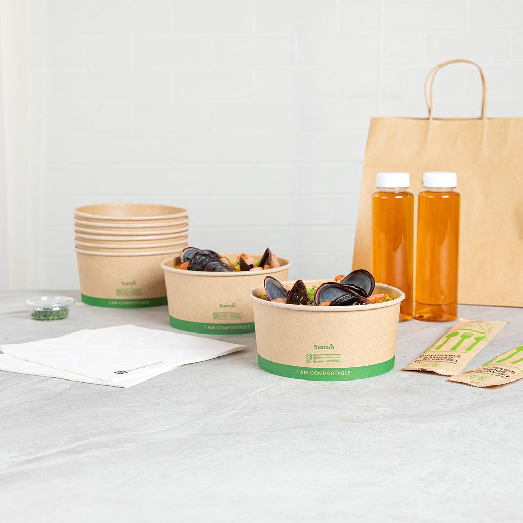 Sustain 44 oz Round Kraft Paper Take Out Container - Compostable - 6 1/2" x 6 1/2" x 3" - 200 count box