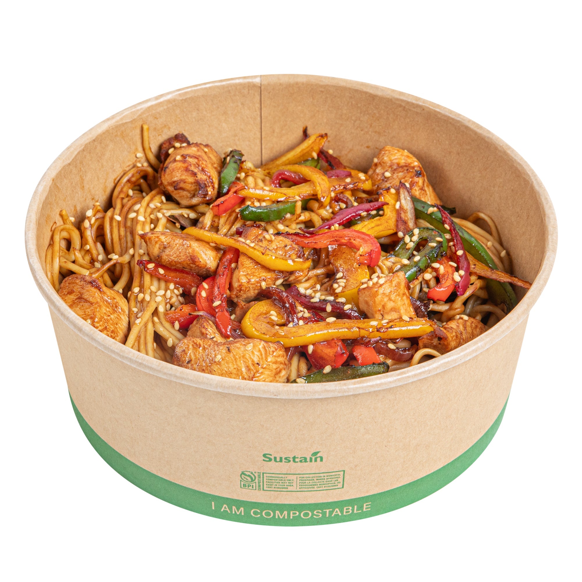 Sustain 50 oz Round Kraft Paper Take Out Container - Compostable - 7 1/4" x 7 1/4" x 2 3/4" - 200 count box