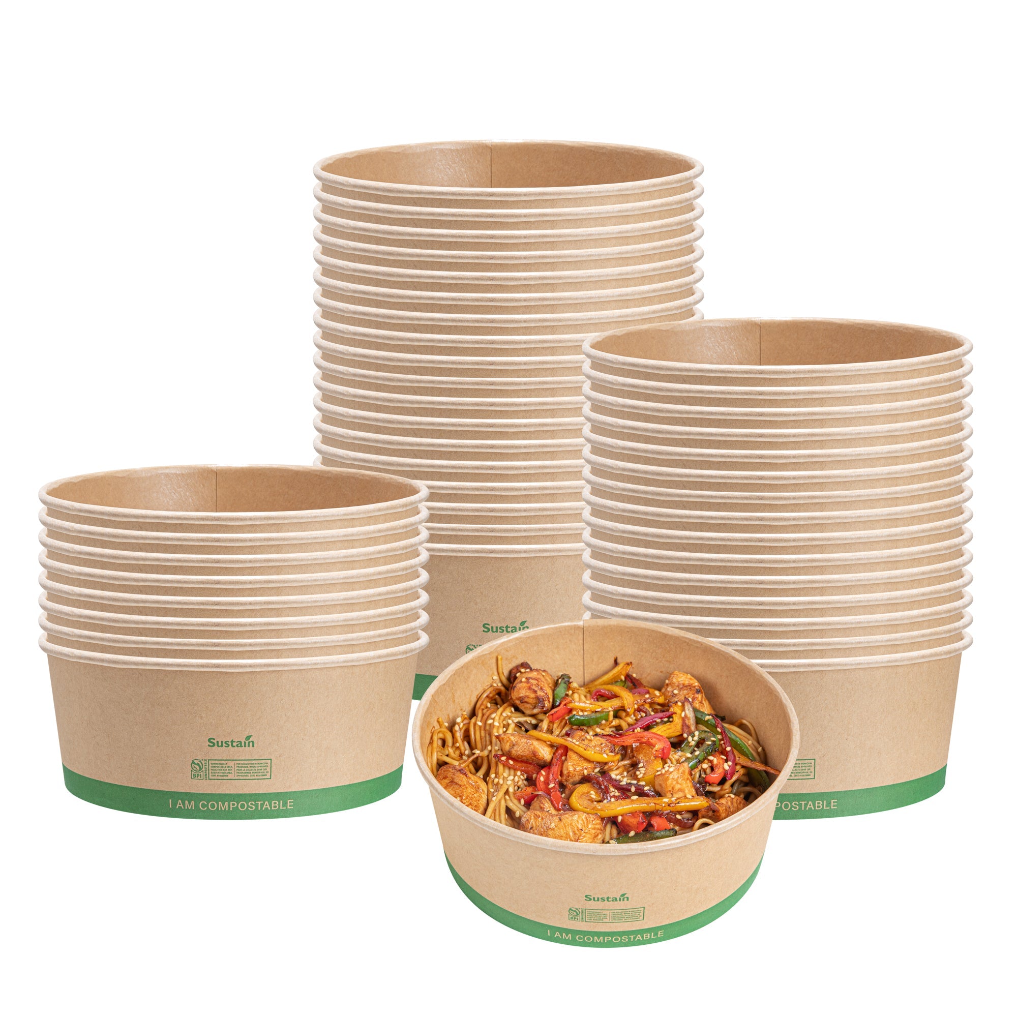 Sustain 50 oz Round Kraft Paper Take Out Container - Compostable - 7 1/4" x 7 1/4" x 2 3/4" - 200 count box