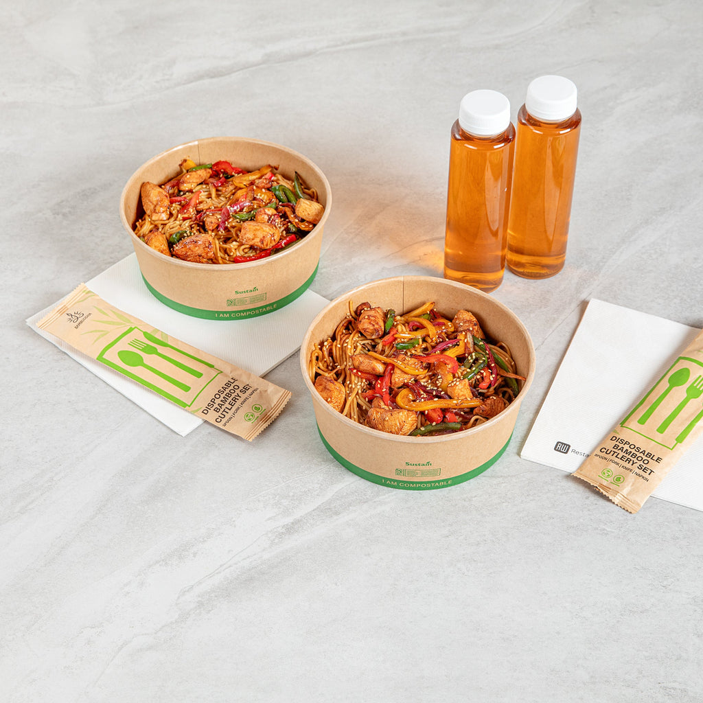 Sustain 50 oz Round Kraft Paper Take Out Container - Compostable - 7 1/4" x 7 1/4" x 2 3/4" - 200 count box