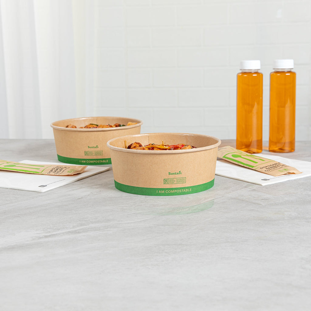 Sustain 50 oz Round Kraft Paper Take Out Container - Compostable - 7 1/4" x 7 1/4" x 2 3/4" - 50 count box