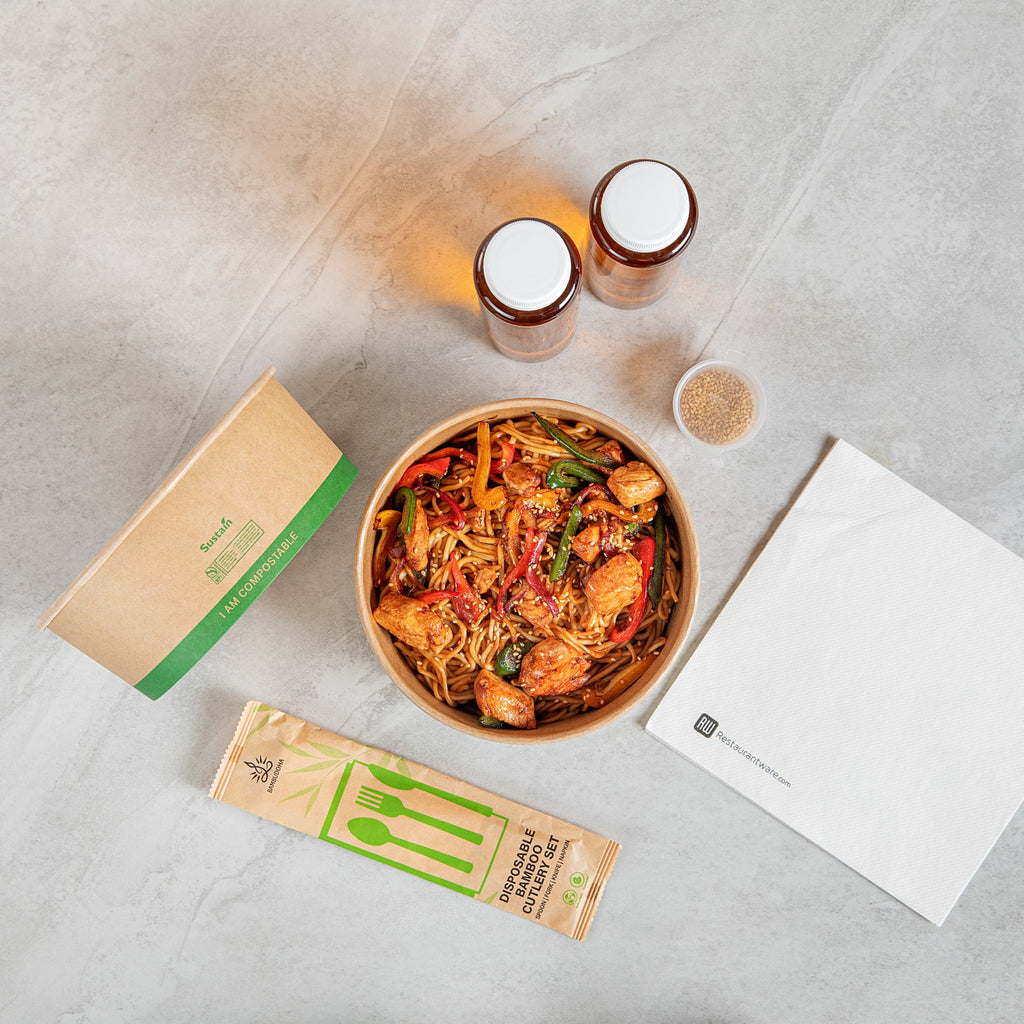 Sustain 50 oz Round Kraft Paper Take Out Container - Compostable - 7 1/4" x 7 1/4" x 2 3/4" - 50 count box