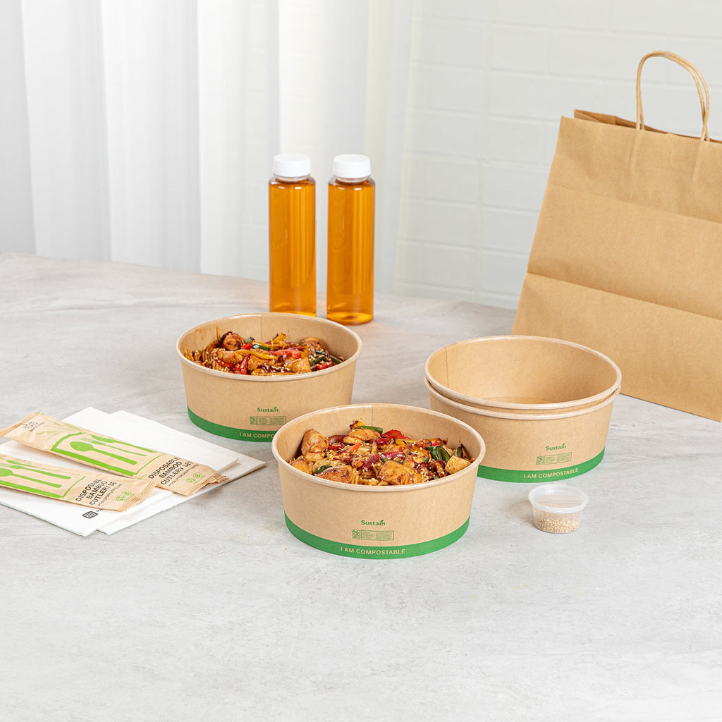 Sustain 50 oz Round Kraft Paper Take Out Container - Compostable - 7 1/4" x 7 1/4" x 2 3/4" - 50 count box
