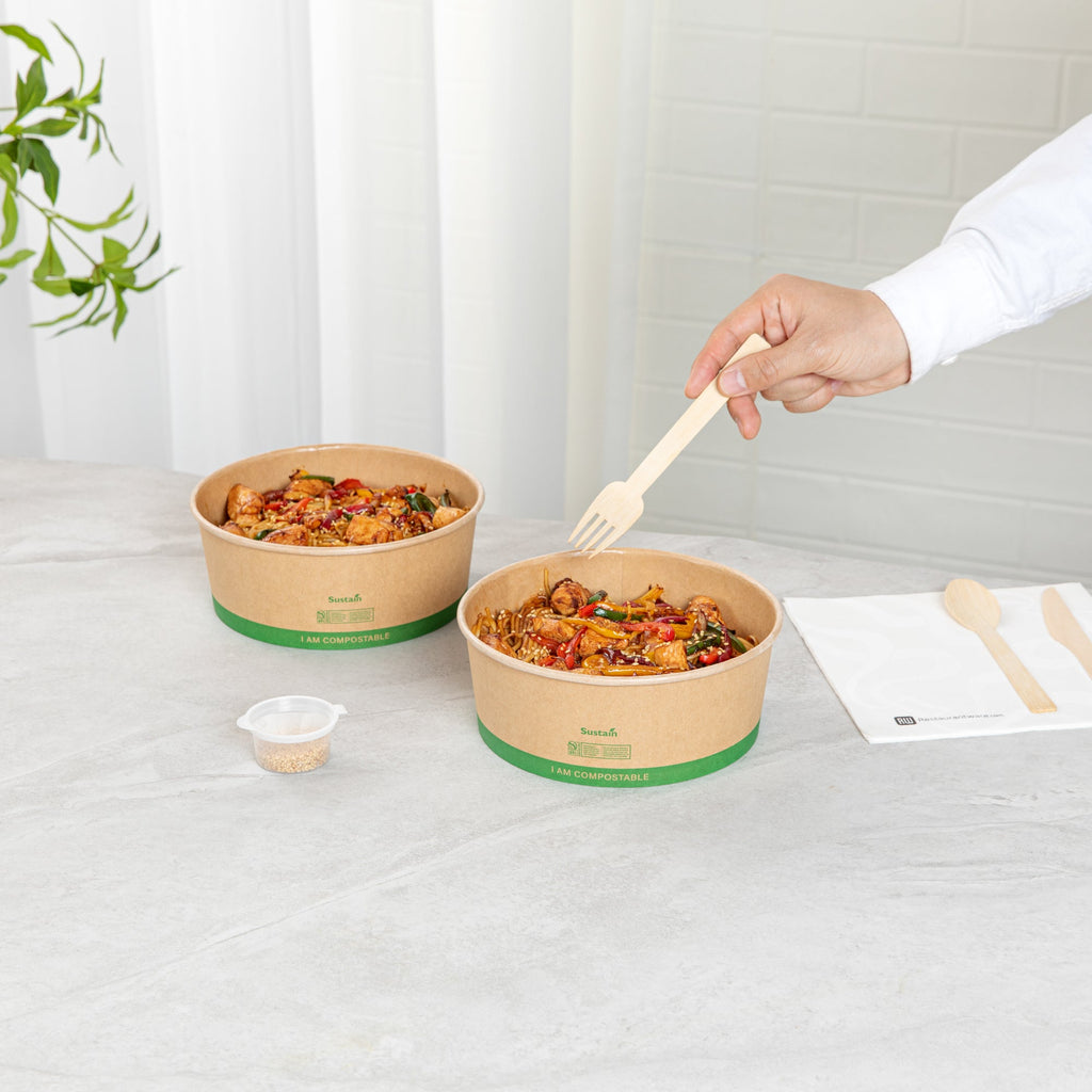 Sustain 50 oz Round Kraft Paper Take Out Container - Compostable - 7 1/4" x 7 1/4" x 2 3/4" - 200 count box
