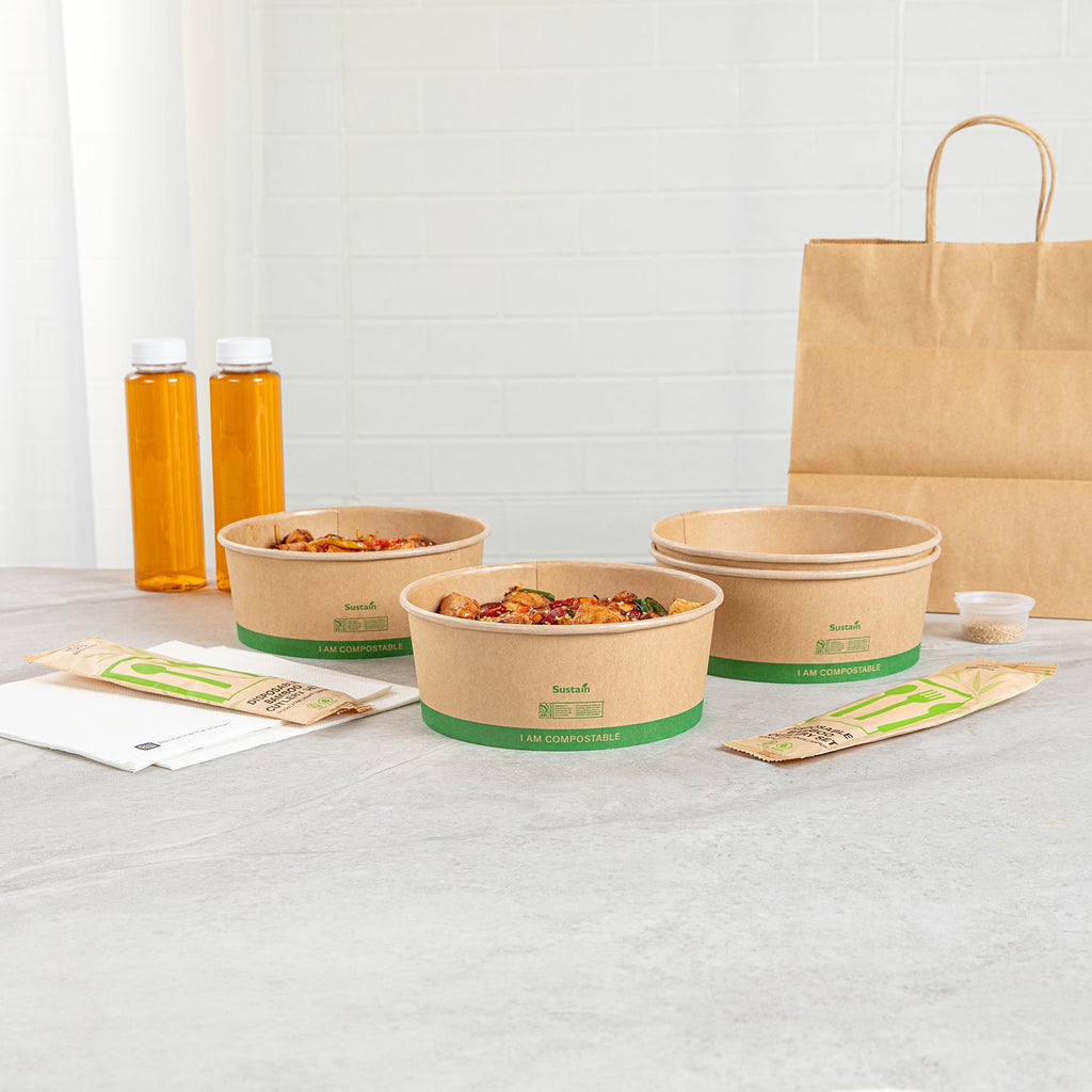 Sustain 50 oz Round Kraft Paper Take Out Container - Compostable - 7 1/4" x 7 1/4" x 2 3/4" - 200 count box
