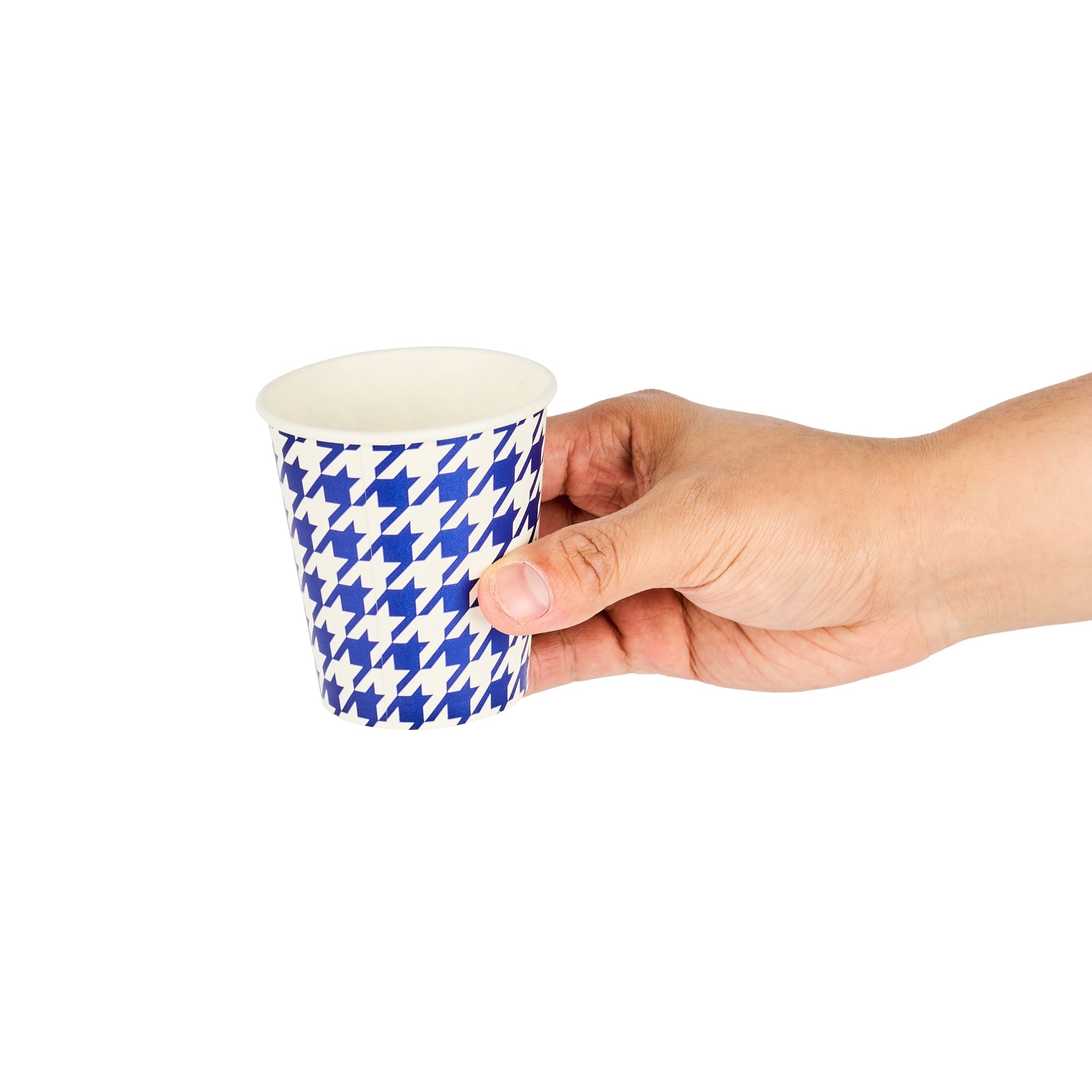 Chef 101 7 oz Round Blue Houndstooth Paper Cold Cup - 2 3/4" x 2 3/4" x 3" - 25 count box