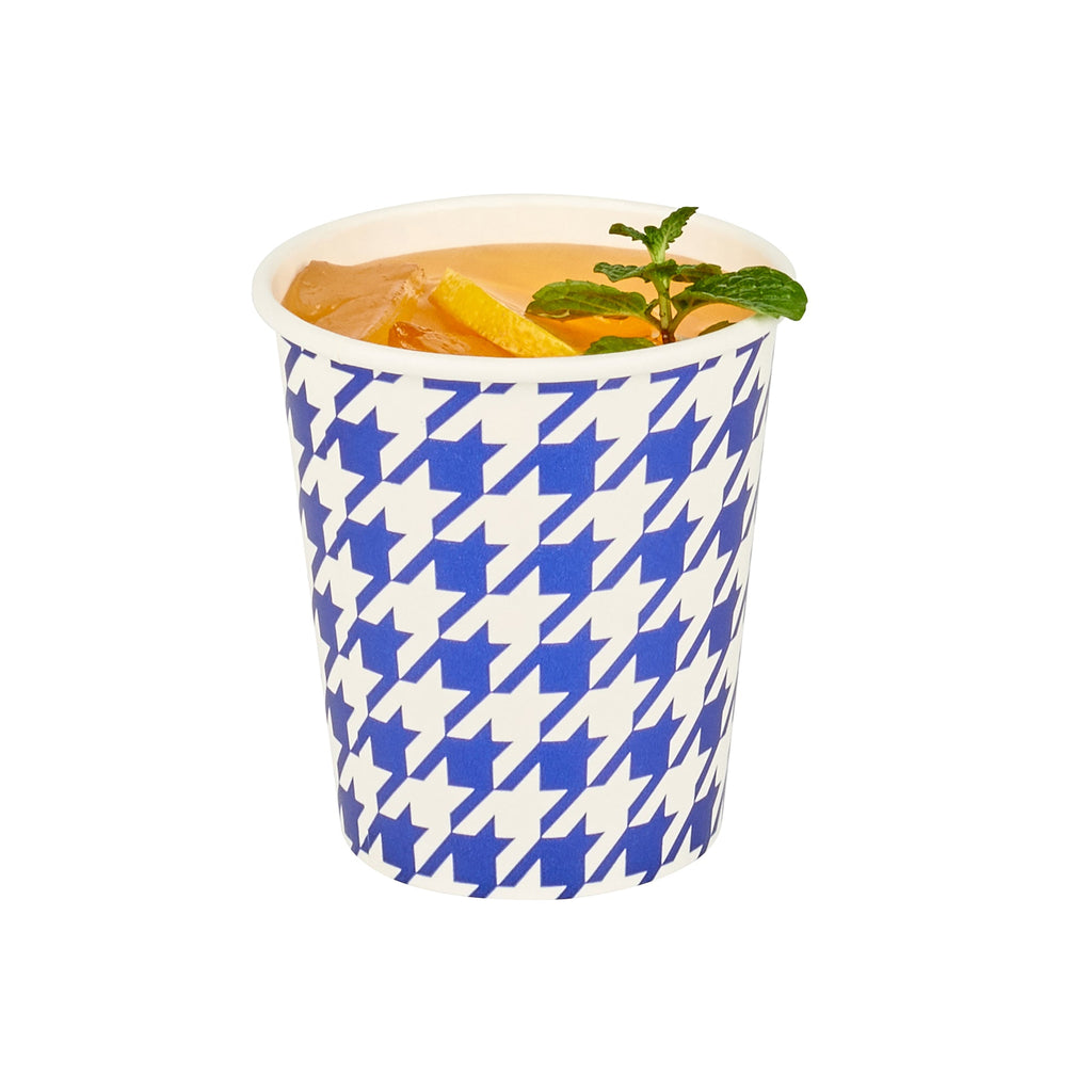 Chef 101 7 oz Round Blue Houndstooth Paper Cold Cup - 2 3/4" x 2 3/4" x 3" - 25 count box
