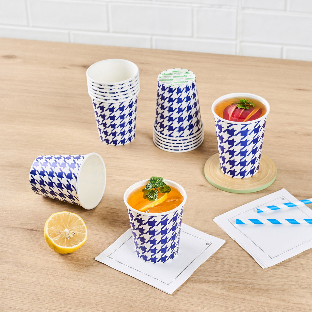 Chef 101 7 oz Round Blue Houndstooth Paper Cold Cup - 2 3/4" x 2 3/4" x 3" - 500 count box