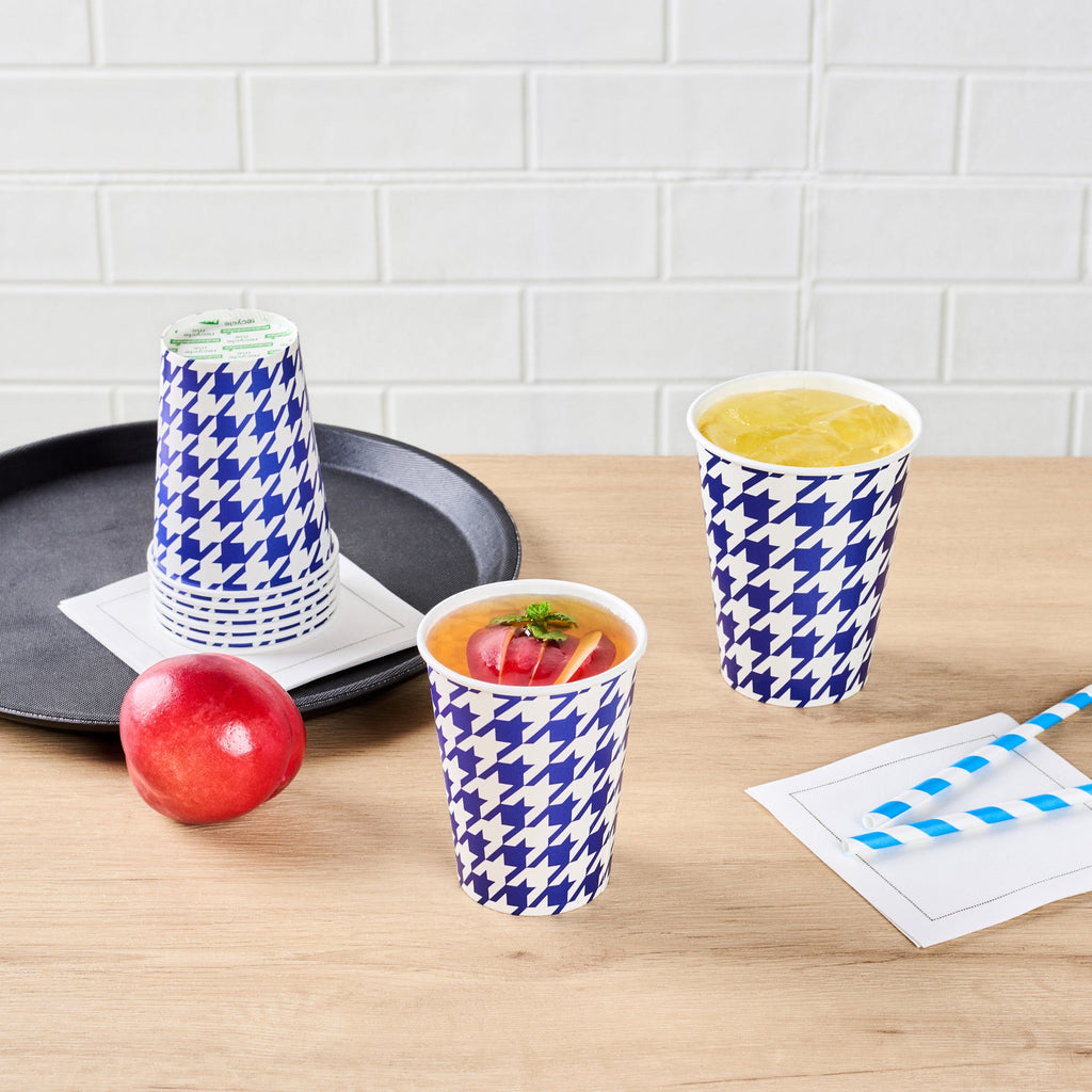 Chef 101 9 oz Round Blue Houndstooth Paper Cold Cup - 3" x 3" x 3 3/4" - 500 count box