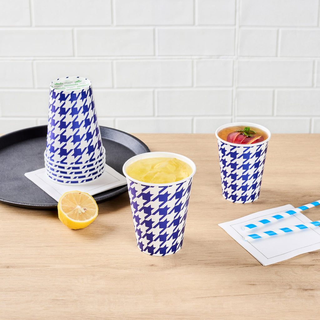 Chef 101 12 oz Round Blue Houndstooth Paper Cold Cup - 3 1/2" x 3 1/2" x 4 1/4" - 500 count box