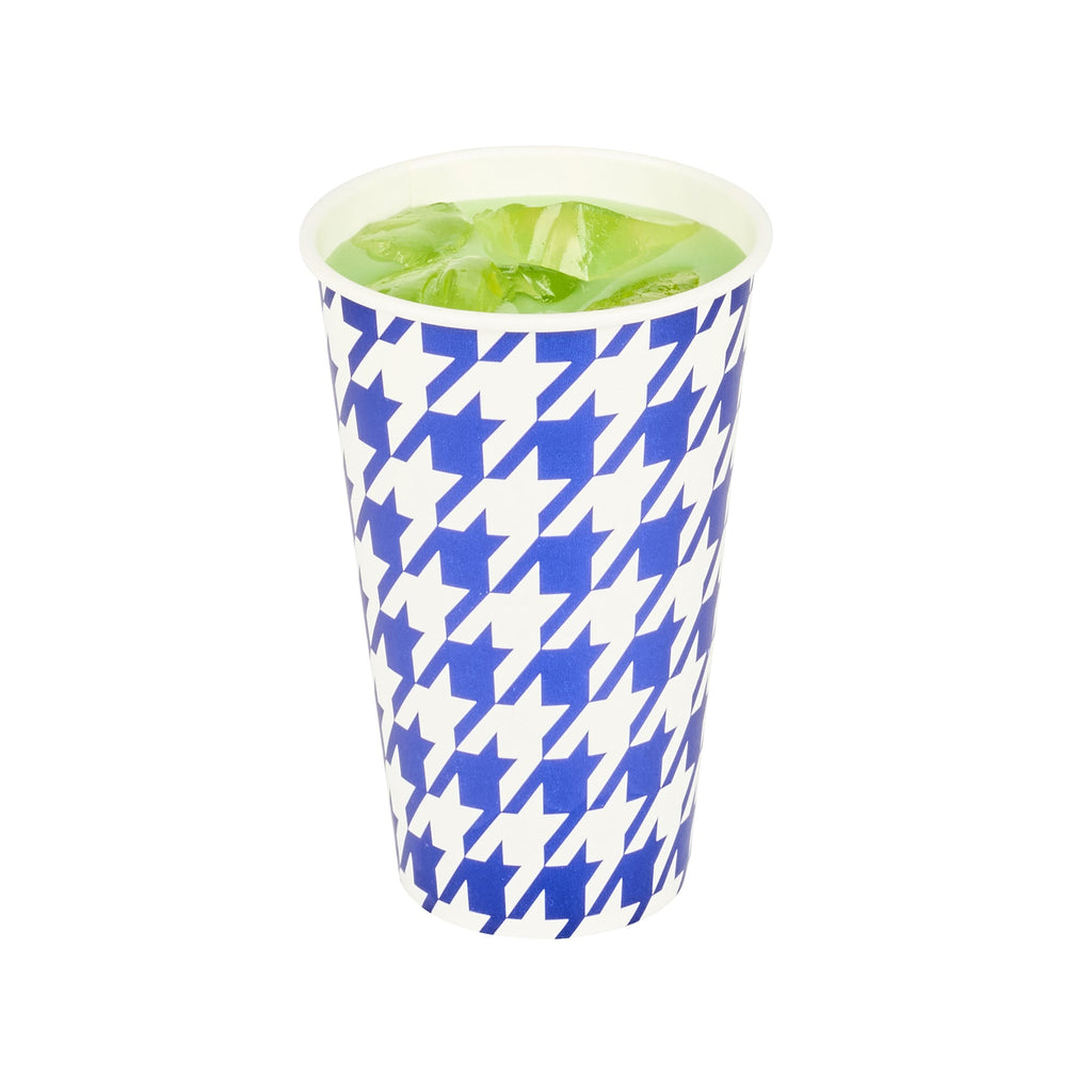 Chef 101 16 oz Round Blue Houndstooth Paper Cold Cup - 3 1/2" x 3 1/2" x 5 1/2" - 25 count box