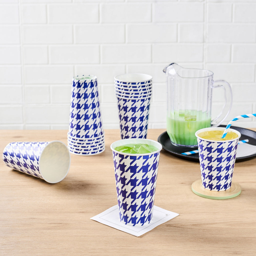 Chef 101 16 oz Round Blue Houndstooth Paper Cold Cup - 3 1/2" x 3 1/2" x 5 1/2" - 25 count box