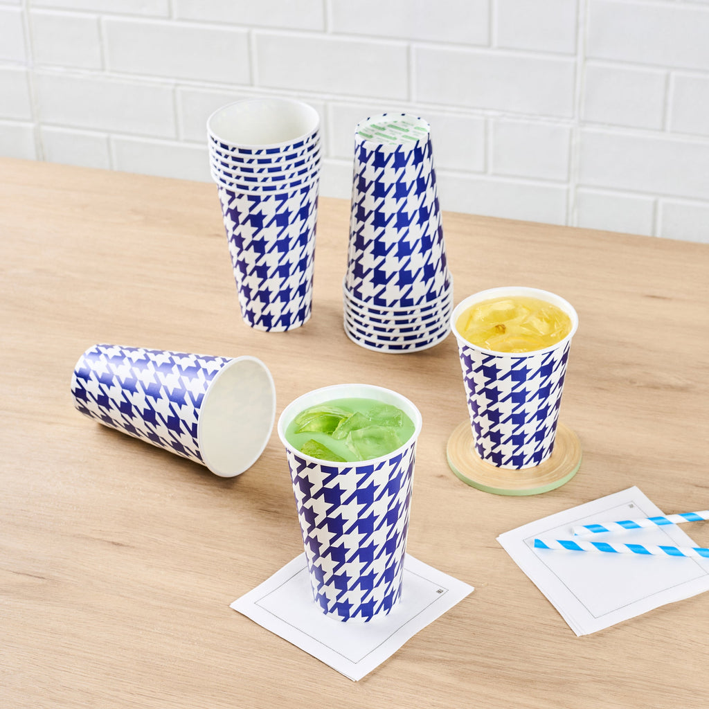 Chef 101 16 oz Round Blue Houndstooth Paper Cold Cup - 3 1/2" x 3 1/2" x 5 1/2" - 500 count box