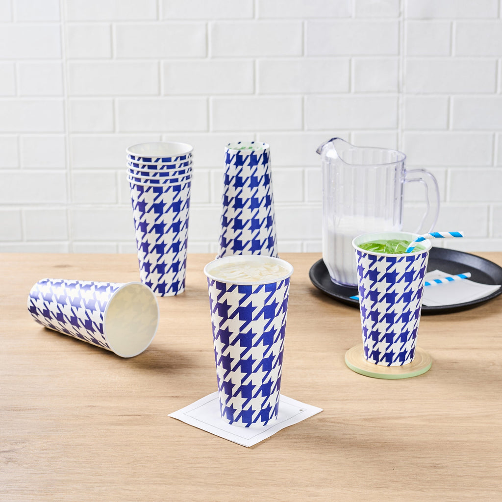 Chef 101 20 oz Round Blue Houndstooth Paper Cold Cup - 3 1/2" x 3 1/2" x 6 1/4" - 25 count box