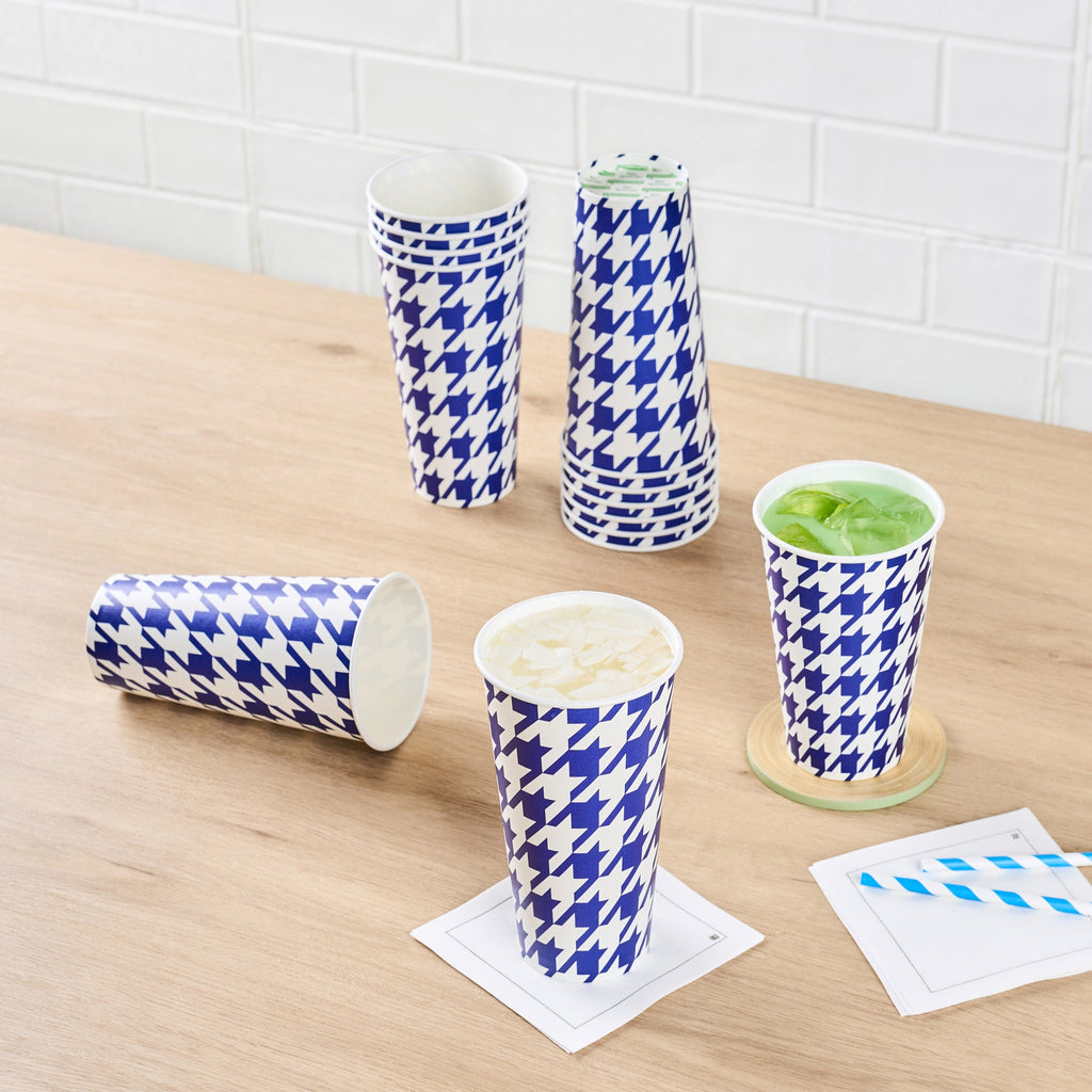 Chef 101 20 oz Round Blue Houndstooth Paper Cold Cup - 3 1/2" x 3 1/2" x 6 1/4" - 500 count box