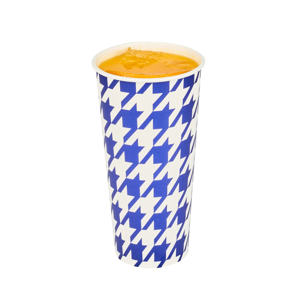 Chef 101 22 oz Round Blue Houndstooth Paper Cold Cup - 3 1/2" x 3 1/2" x 6 3/4" - 25 count box