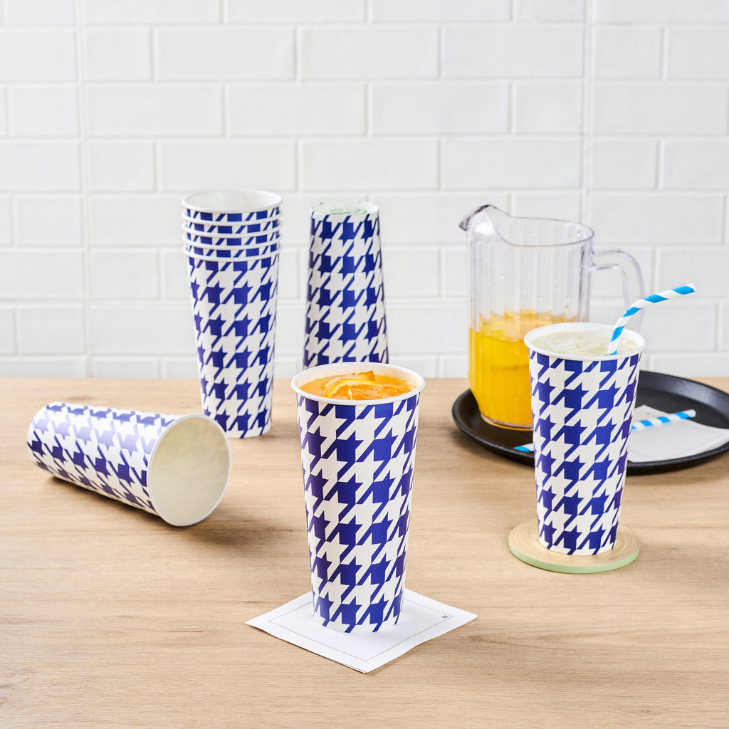 Chef 101 22 oz Round Blue Houndstooth Paper Cold Cup - 3 1/2" x 3 1/2" x 6 3/4" - 25 count box