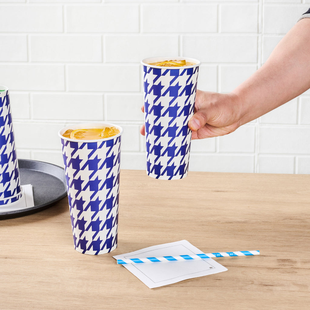 Chef 101 22 oz Round Blue Houndstooth Paper Cold Cup - 3 1/2" x 3 1/2" x 6 3/4" - 25 count box