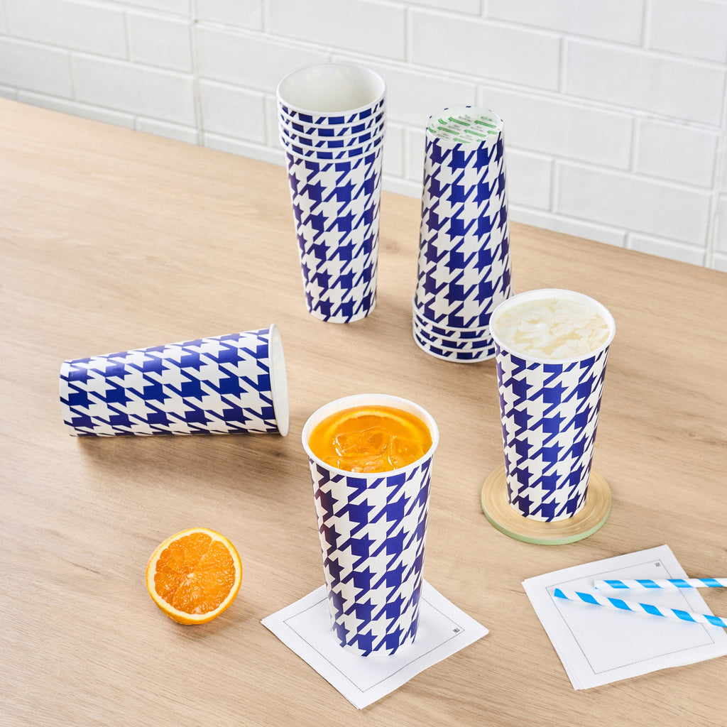 Chef 101 22 oz Round Blue Houndstooth Paper Cold Cup - 3 1/2" x 3 1/2" x 6 3/4" - 25 count box