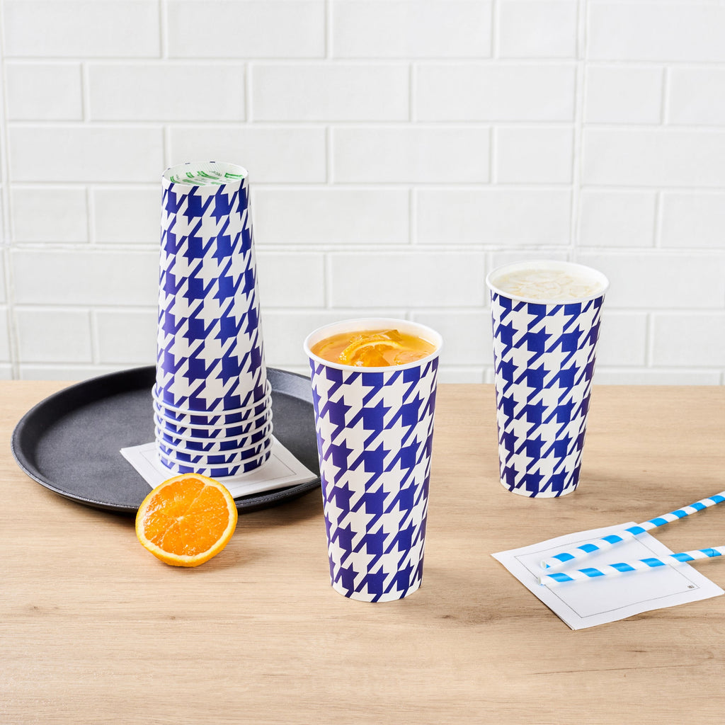 Chef 101 22 oz Round Blue Houndstooth Paper Cold Cup - 3 1/2" x 3 1/2" x 6 3/4" - 500 count box