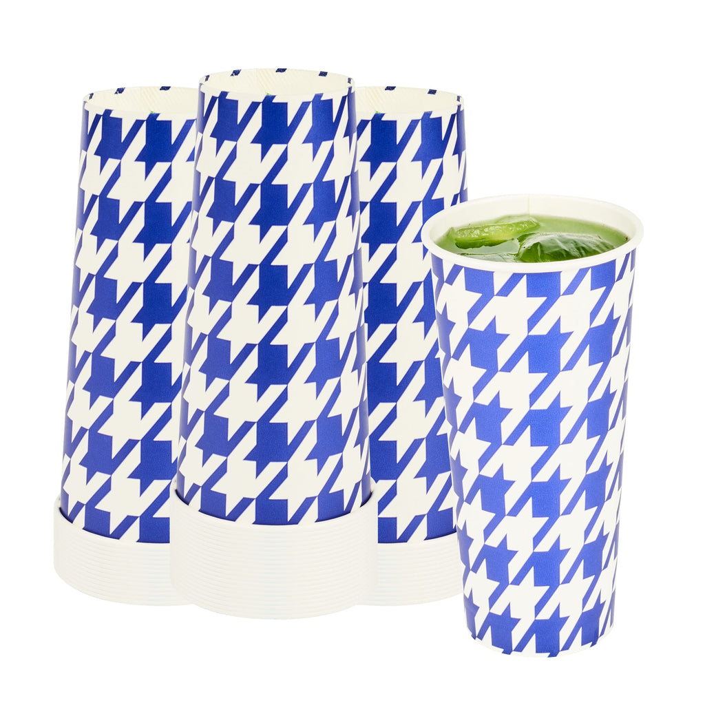 Chef 101 24 oz Round Blue Houndstooth Paper Cold Cup - 3 1/2" x 3 1/2" x 7" - 25 count box