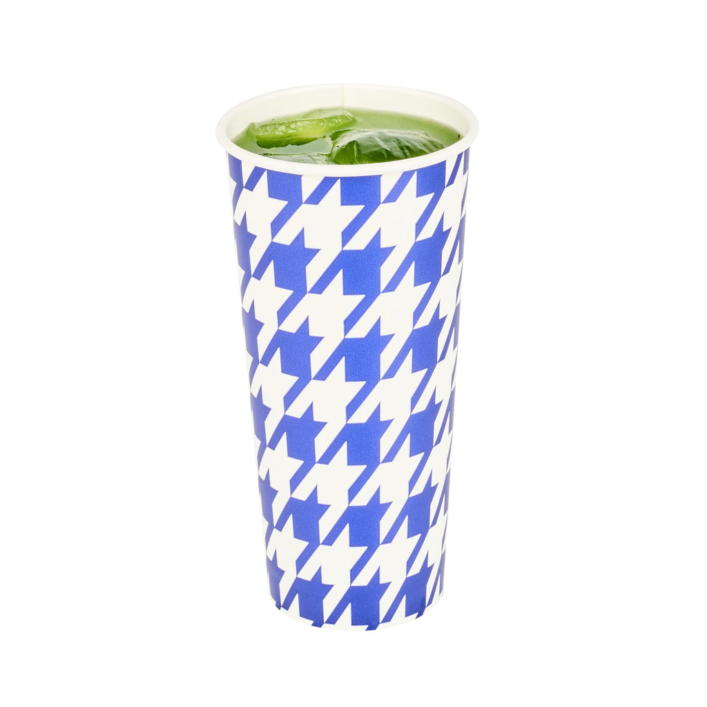 Chef 101 24 oz Round Blue Houndstooth Paper Cold Cup - 3 1/2" x 3 1/2" x 7" - 25 count box