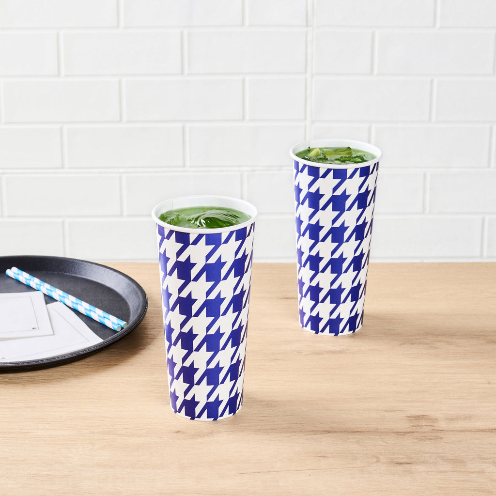 Chef 101 24 oz Round Blue Houndstooth Paper Cold Cup - 3 1/2" x 3 1/2" x 7" - 500 count box
