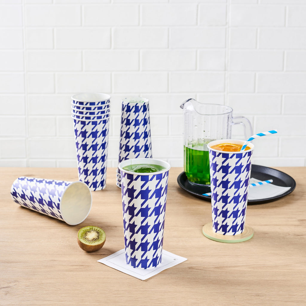 Chef 101 24 oz Round Blue Houndstooth Paper Cold Cup - 3 1/2" x 3 1/2" x 7" - 500 count box