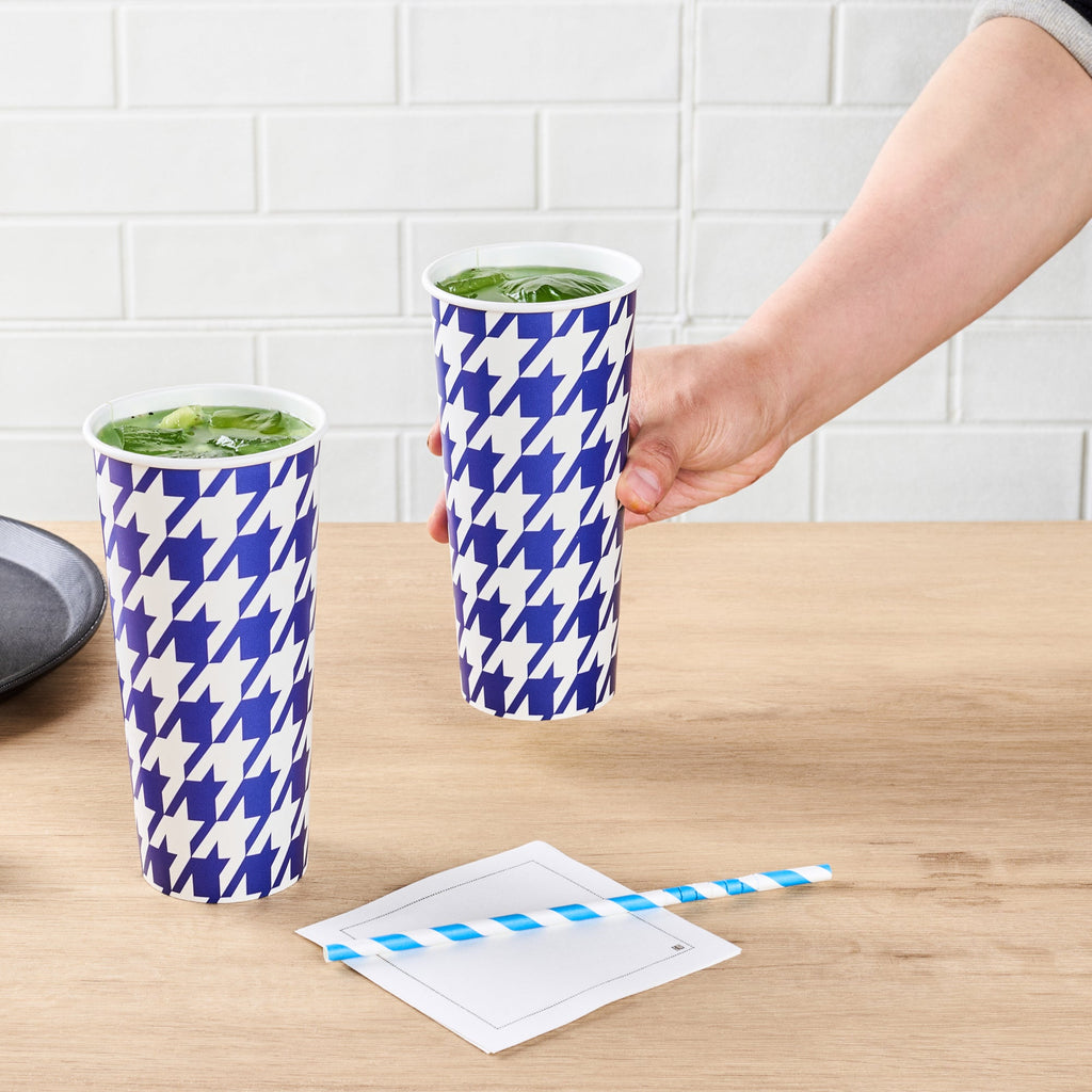 Chef 101 24 oz Round Blue Houndstooth Paper Cold Cup - 3 1/2" x 3 1/2" x 7" - 500 count box