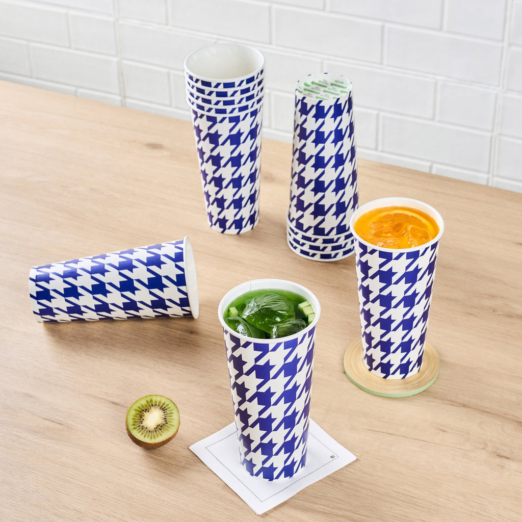 Chef 101 24 oz Round Blue Houndstooth Paper Cold Cup - 3 1/2" x 3 1/2" x 7" - 500 count box