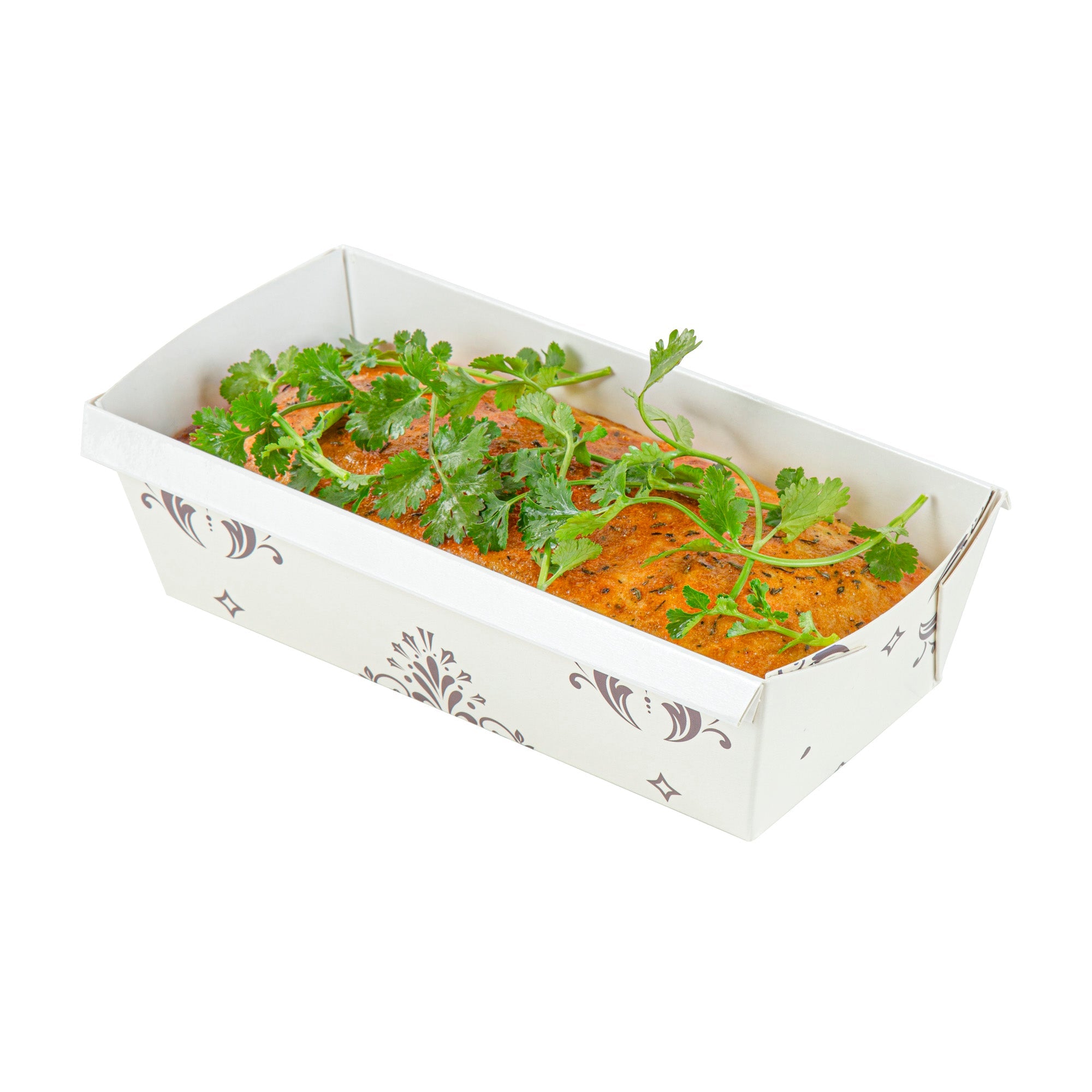 Bake Tek 32 oz Beige Vintage Floral Paper Baking Loaf Pan - Greaseproof - 8" x 3 3/4" x 2 1/4" - 100 count box