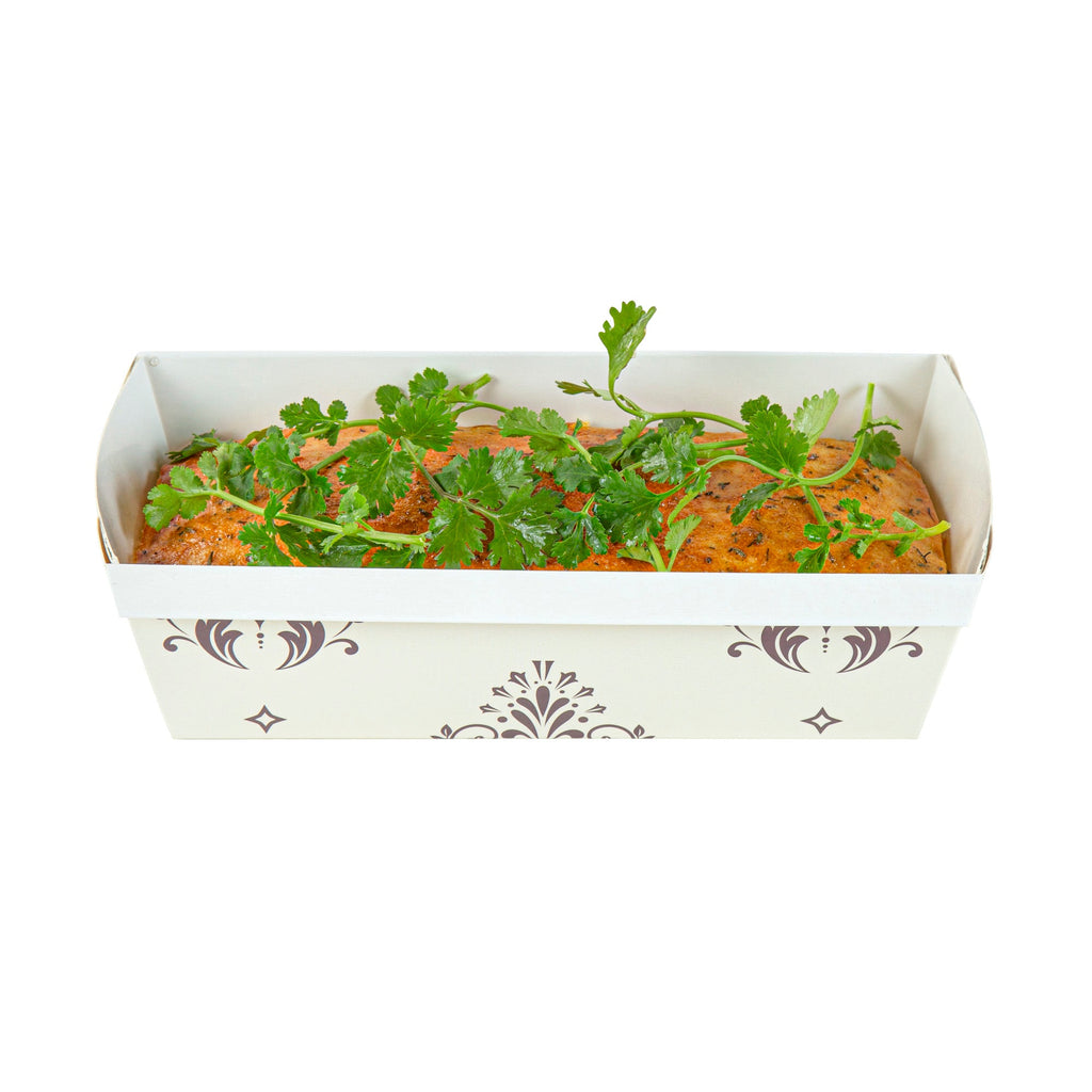 Bake Tek 32 oz Beige Vintage Floral Paper Baking Loaf Pan - Greaseproof - 8" x 3 3/4" x 2 1/4" - 100 count box