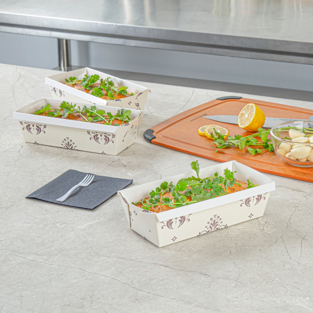 Bake Tek 32 oz Beige Vintage Floral Paper Baking Loaf Pan - Greaseproof - 8" x 3 3/4" x 2 1/4" - 100 count box