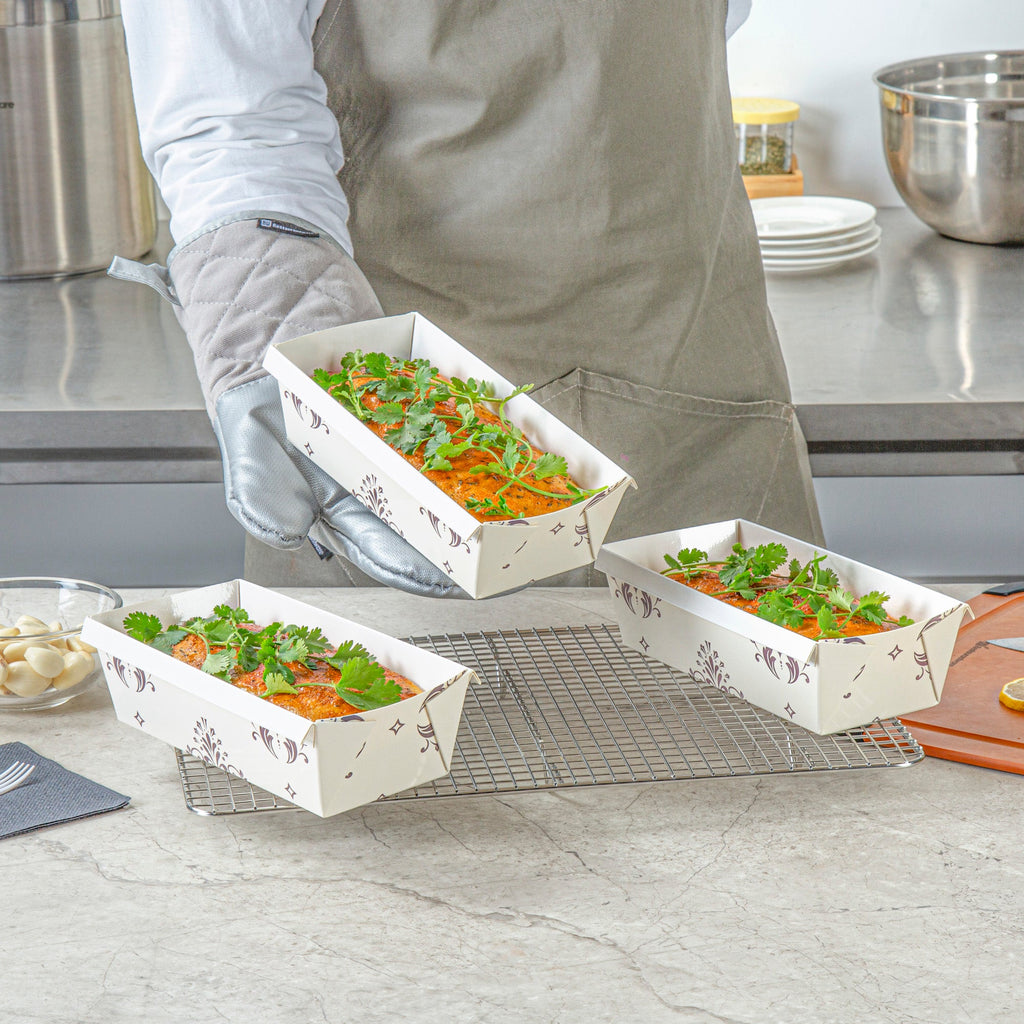 Bake Tek 32 oz Beige Vintage Floral Paper Baking Loaf Pan - Greaseproof - 8" x 3 3/4" x 2 1/4" - 100 count box