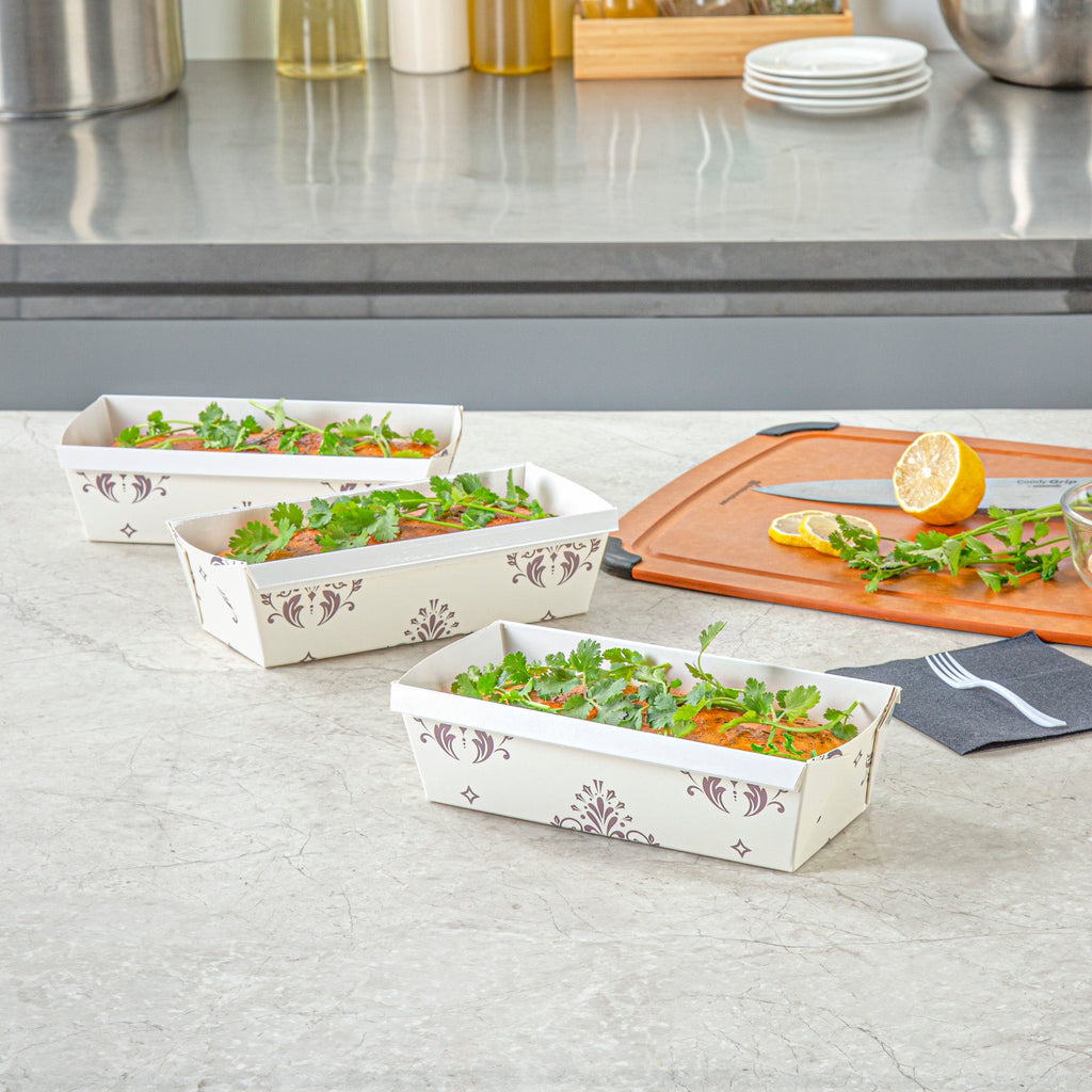 Bake Tek 32 oz Beige Vintage Floral Paper Baking Loaf Pan - Greaseproof - 8" x 3 3/4" x 2 1/4" - 100 count box