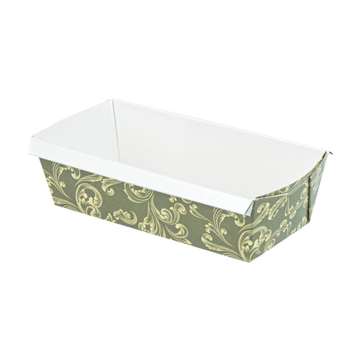 Bake Tek 32 oz Dark Green Vintage Floral Paper Baking Loaf Pan - Greaseproof - 8" x 3 3/4" x 2 1/4" - 100 count box