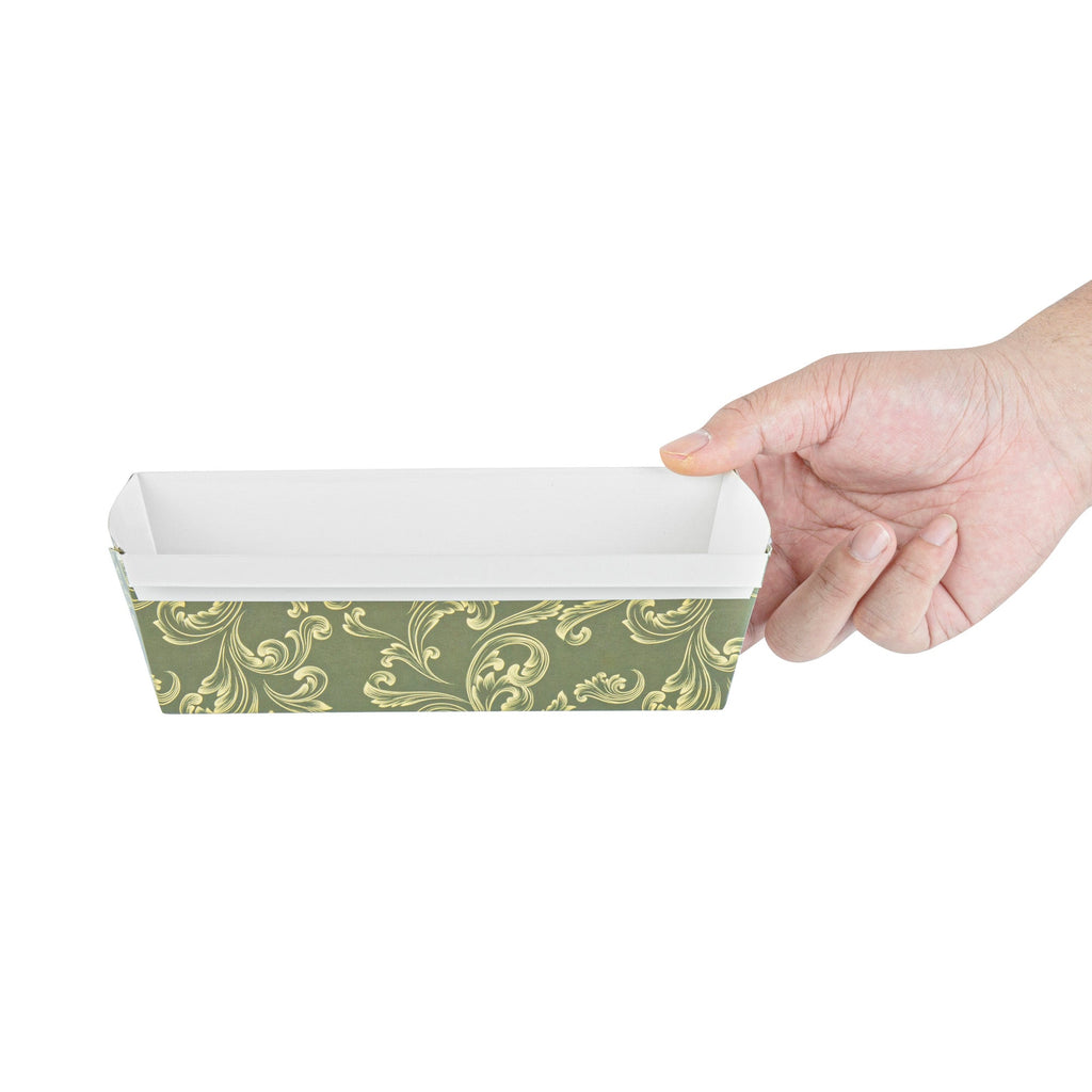 Bake Tek 32 oz Dark Green Vintage Floral Paper Baking Loaf Pan - Greaseproof - 8" x 3 3/4" x 2 1/4" - 100 count box